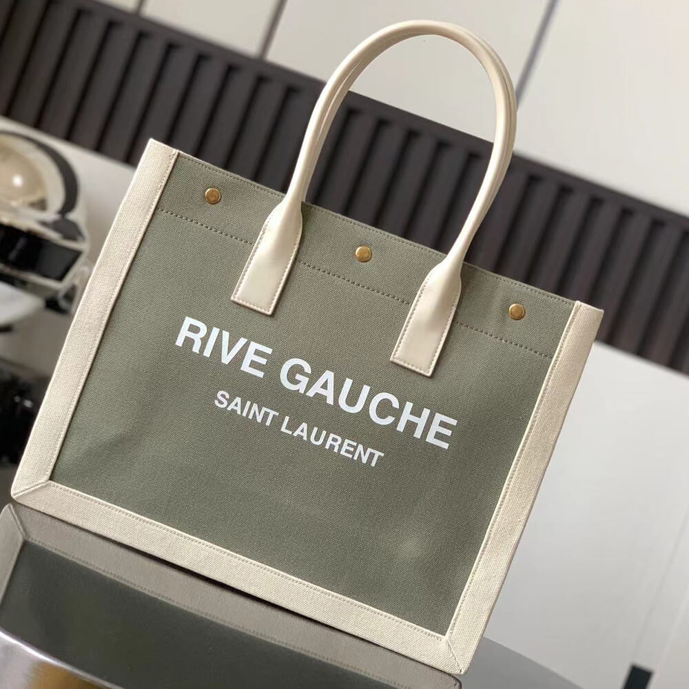 RIVE GAUCHE SMALL TOTE BAG IN LINEN AND LEATHER
