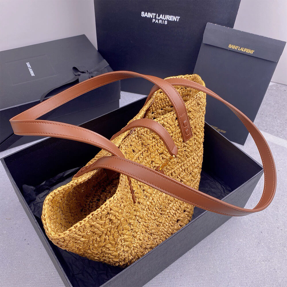 YSL Medium Panier Raffia Bag In Brown