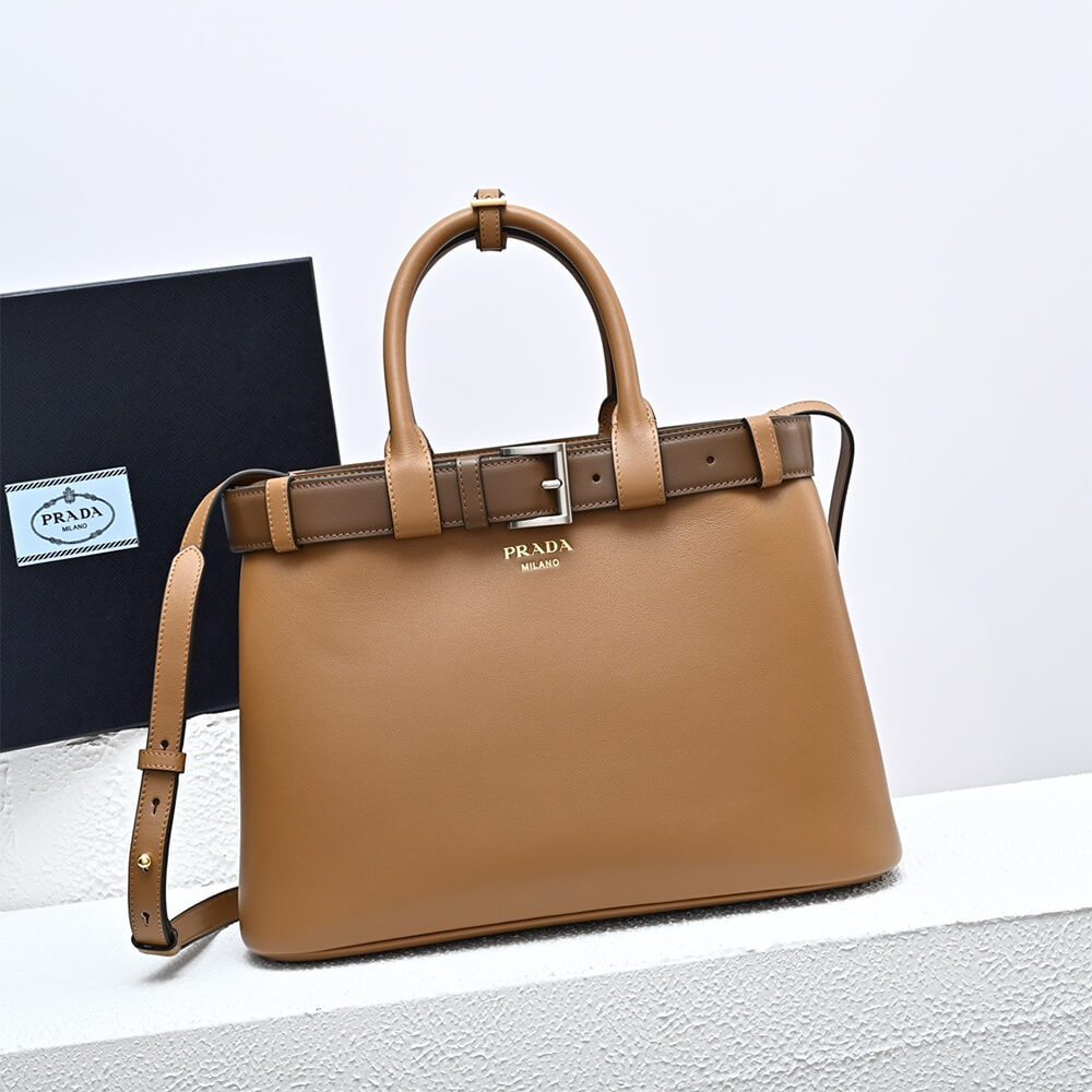 Prada Buckle medium leather handbag with double belt(high-end grade)