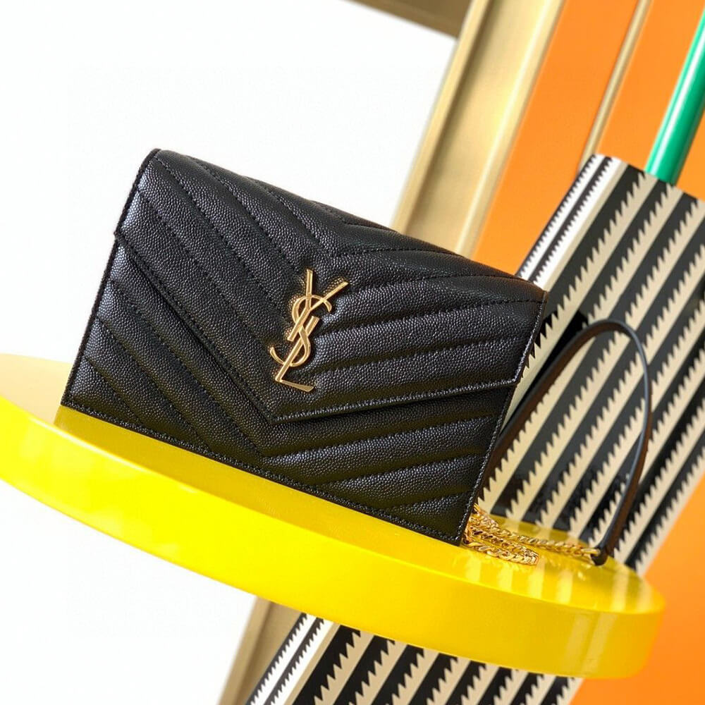 YSL cassandre envelope chain wallet in grain de poudre leather(High-end Grade)